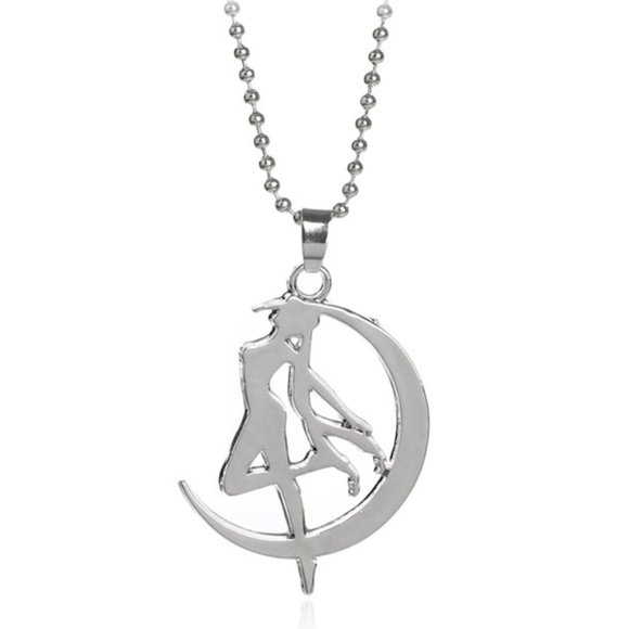 Silvertone Sailor Moon Transform Silhouette on Moon Necklace, New - Picture 1 of 4